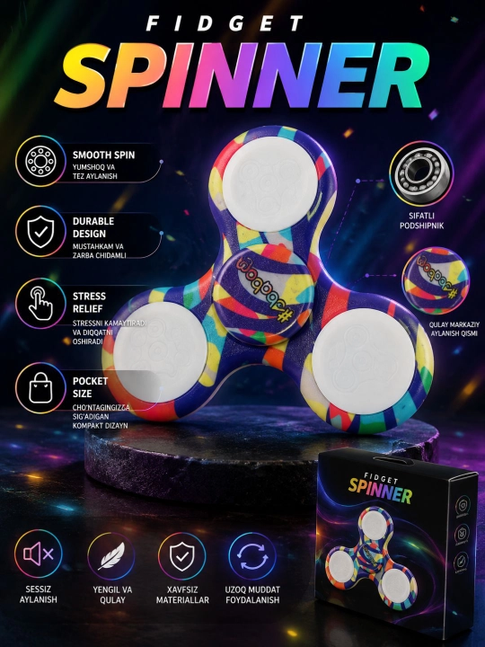 Fidget Spinner anti-stress o'yinchog'i, 3 qanotli, bolalar va kattalar uchun