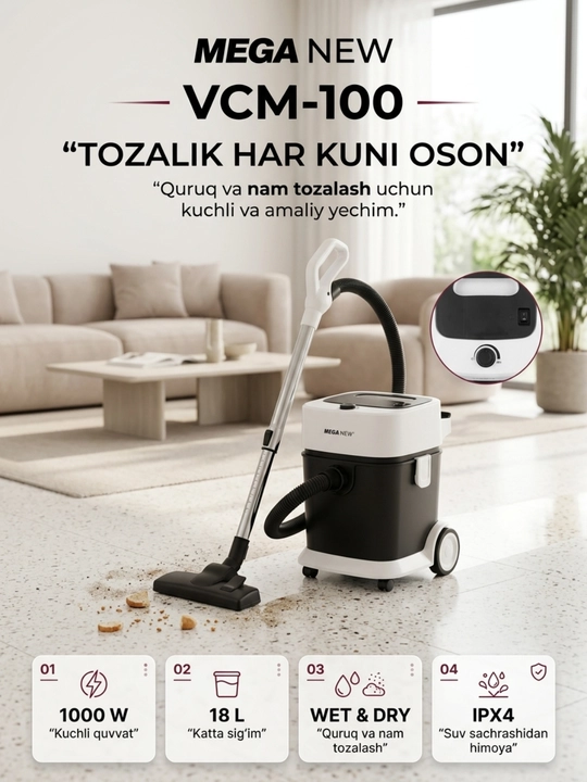 Mega New VCM-100 uy uchun quruq va nam tozalash changyutgichi - 