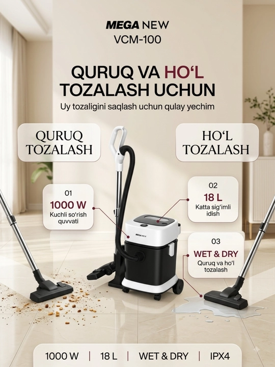 Mega New VCM-100 uy uchun quruq va nam tozalash changyutgichi