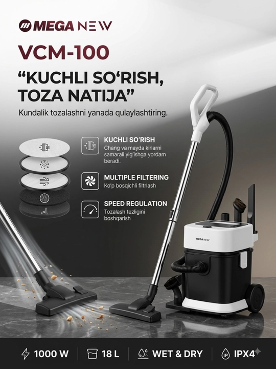 Mega New VCM-100 uy uchun quruq va nam tozalash changyutgichi