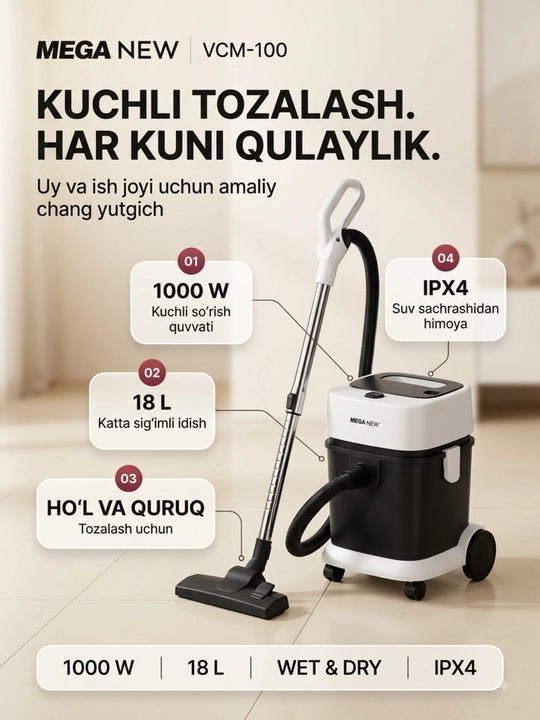Mega New VCM-100 uy uchun quruq va nam tozalash changyutgichi