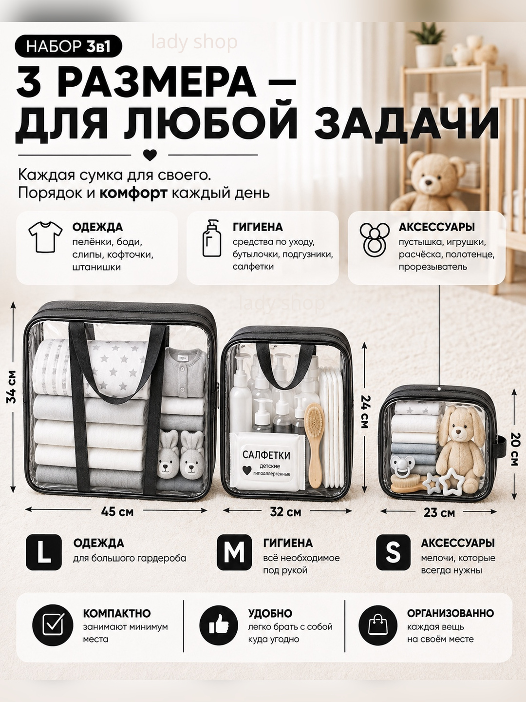 Сумки в роддом, 3 шт, кожаные, прозрачные, 3 размера, для мамы и малыша