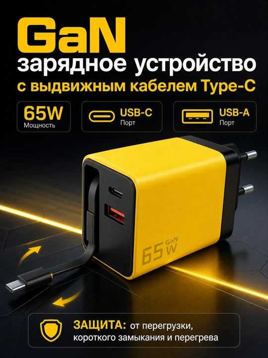 Адаптер зарядное устройство 65 Вт с выдвижным кабелемType-C в двух цветахType-C