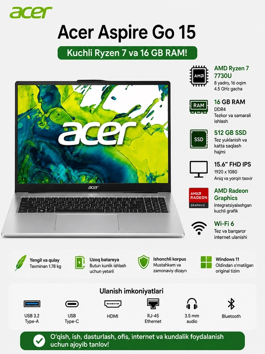Ноутбук Acer Aspire Go 15 AMD Ryzen 7 7730U 16 ГБ RAM 512 ГБ SSD 15.6" FHD IPS AMD Radeon - 
