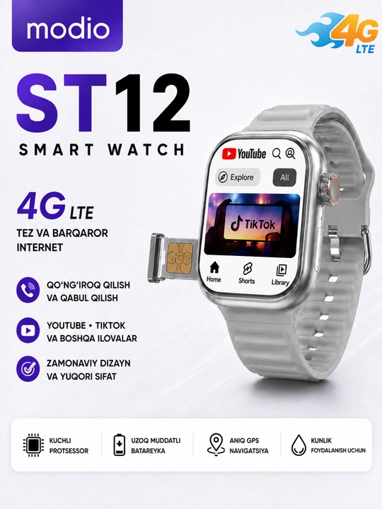 Смарт-часы ST12 4G LTE с SIMкартой, звонками, камерой, GPS и сенсорным экраном, умные часы - 