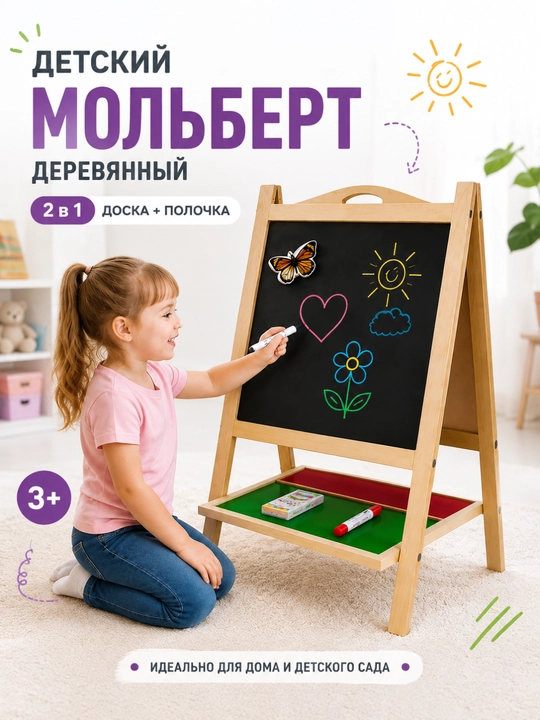 Bolalar uchun yog‘och molbert doska 2 in 1, 3+ - 