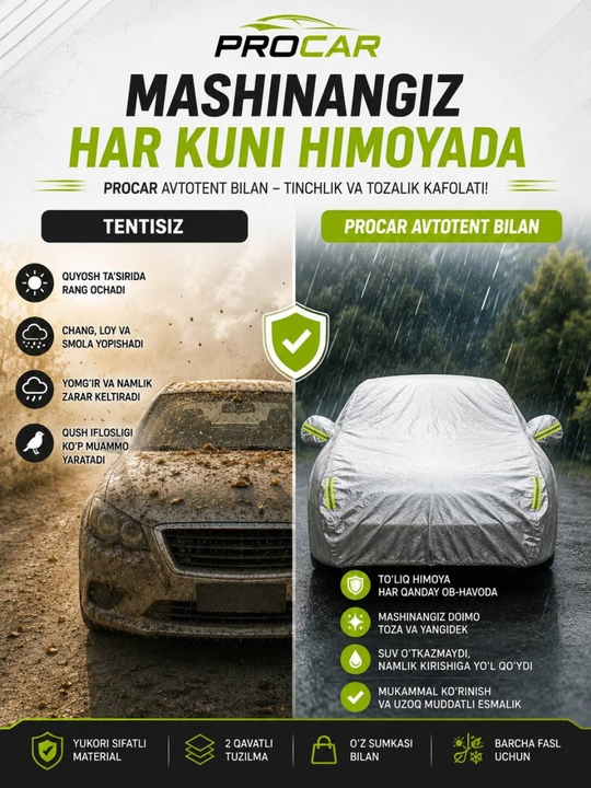 AVTOTENT barcha fasl uchun mos keladigan, suv va quyosh oʻtkazmaydigan himoya tent g‘ilofi