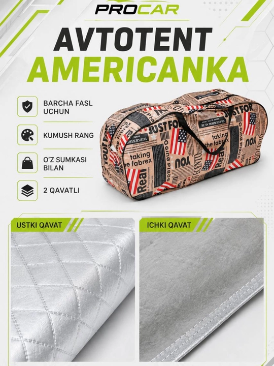 AVTOTENT barcha fasl uchun mos keladigan, suv va quyosh oʻtkazmaydigan himoya tent g‘ilofi