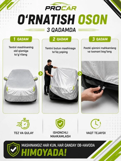 AVTOTENT barcha fasl uchun mos keladigan, suv va quyosh oʻtkazmaydigan himoya tent g‘ilofi