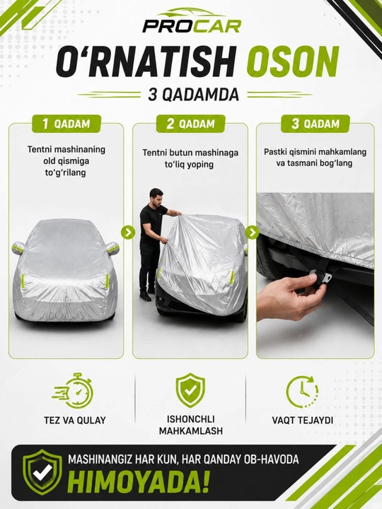 AVTOTENT barcha fasl uchun mos keladigan, suv va quyosh oʻtkazmaydigan himoya tent g‘ilofi