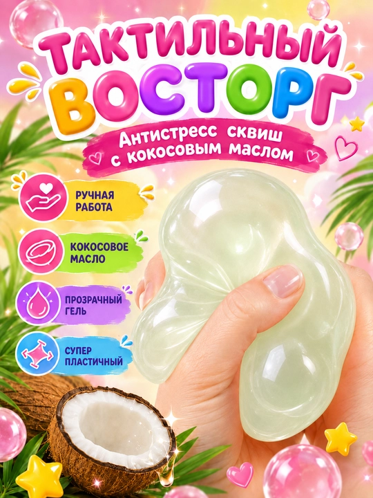 Сквиш шар кокос антистресс, 6 см, с кокосовым маслом, мягкая мялка для рук, 1 шт