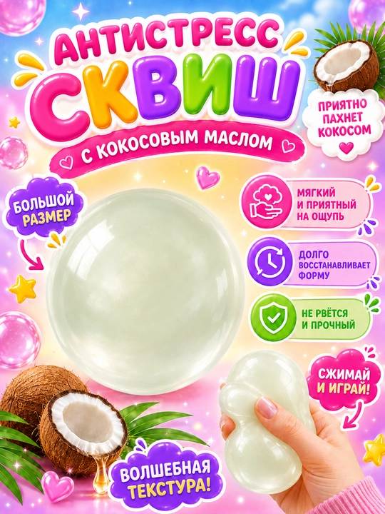 Antistress skvish shar kokos, 6 sm, kokos moyli yumshoq siqiladigan o‘yinchoq, 1 dona - 