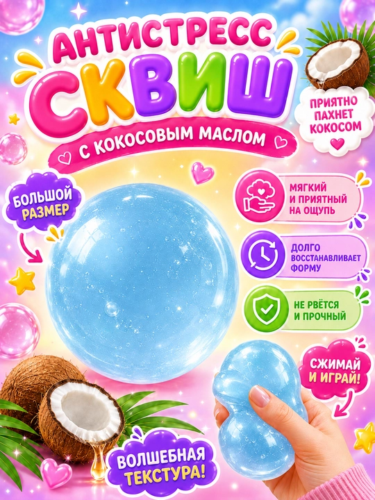 Antistress skvish shar kokos, 6 sm, kokos moyli yumshoq siqiladigan o‘yinchoq, 1 dona - 