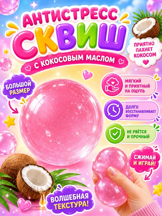 Antistress skvish shar kokos, 6 sm, kokos moyli yumshoq siqiladigan o‘yinchoq, 1 dona - 