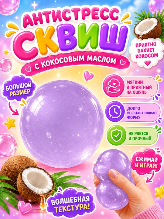Antistress skvish shar kokos, 6 sm, kokos moyli yumshoq siqiladigan o‘yinchoq, 1 dona - 