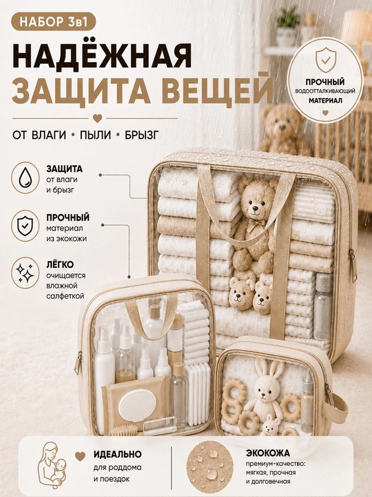 Сумки в роддом, 3 шт, кожаные, прозрачные, 3 размера, для мамы и малыша