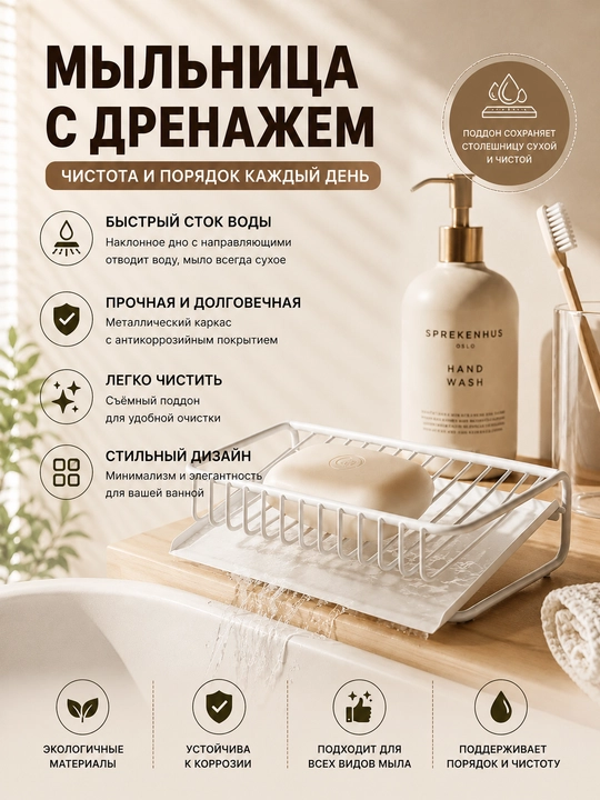 Пластмассовая мыльница с дренажным поддоном для ванной и кухни, слив воды - 