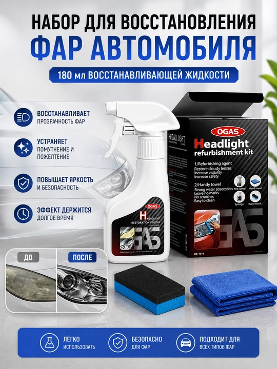 Набор для восстановления фар автомобиля OGAS, полировка и защита пластика