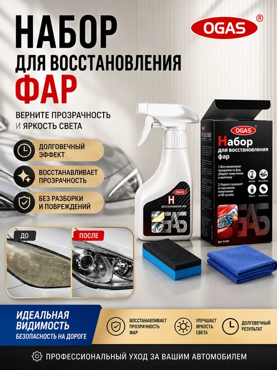 Набор для восстановления фар автомобиля OGAS, полировка и защита пластика