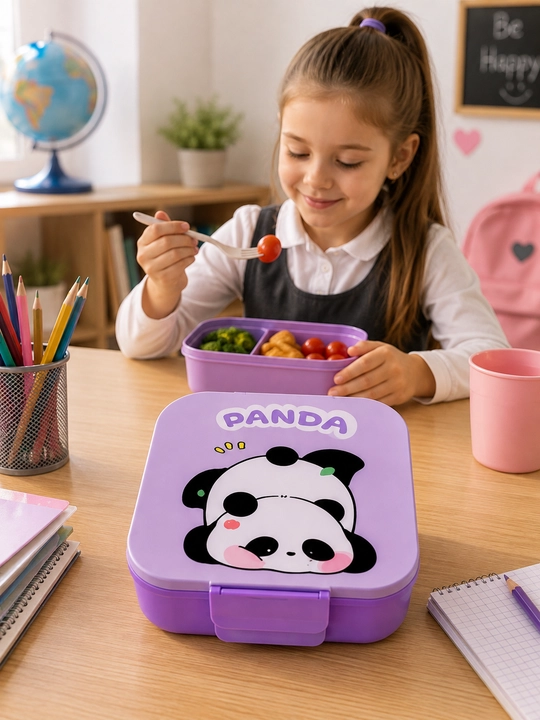 Panda dizaynli tushlik qutisi, bolalar uchun bo‘limli lunch-box, qoshiq-sanchqi bilan - 