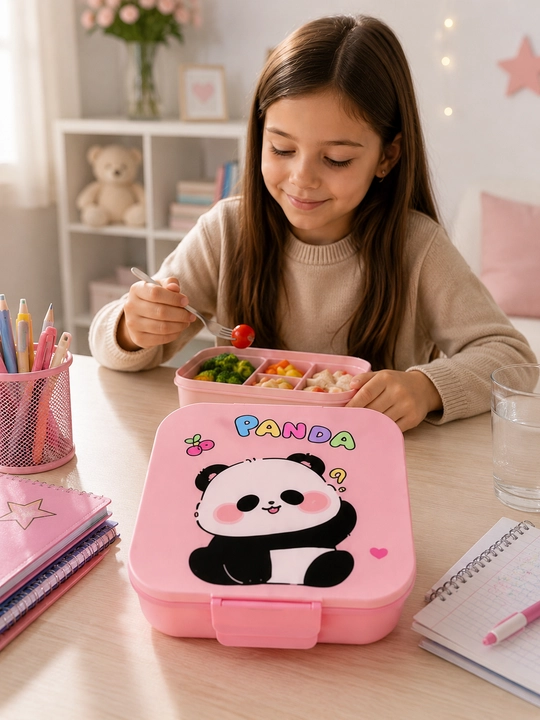 Panda dizaynli tushlik qutisi, bolalar uchun bo‘limli lunch-box, qoshiq-sanchqi bilan - 