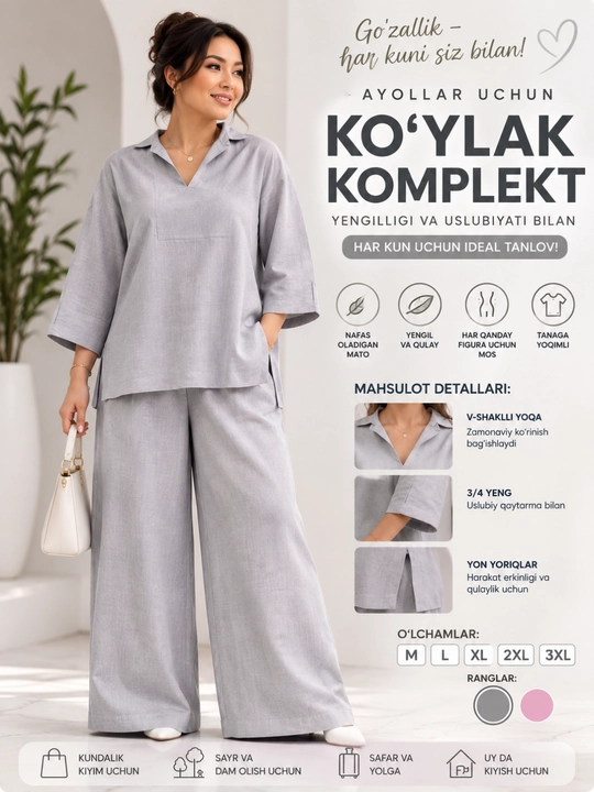 Ayollar lyon matoli  kostyumi, keng shimli zamonaviy ikki qismli to‘plam, o`lcham 48,50,52