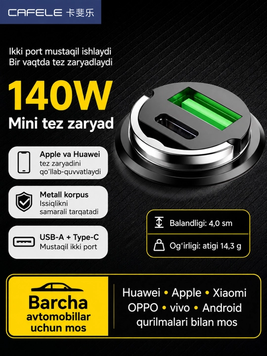 Avto zaryadlovchi, 140W zaryadlovchi, USB-A, Type-C, tez zaryad, mini avto quvvatlagich - 
