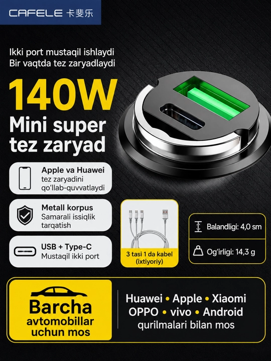 Avto zaryadlovchi, 140W zaryadlovchi, USB-A, Type-C, tez zaryad, mini avto quvvatlagich