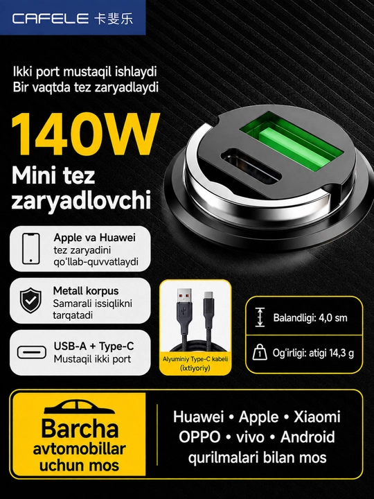 Avto zaryadlovchi, 140W zaryadlovchi, USB-A, Type-C, tez zaryad, mini avto quvvatlagich