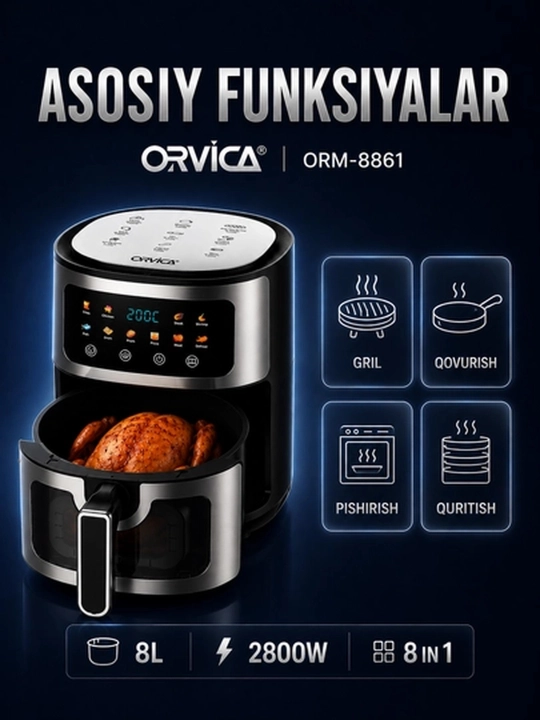 Аэрогриль ORVICA ORM-8850, сенсорное управление, 12 л, 2800 Вт, черный - 
