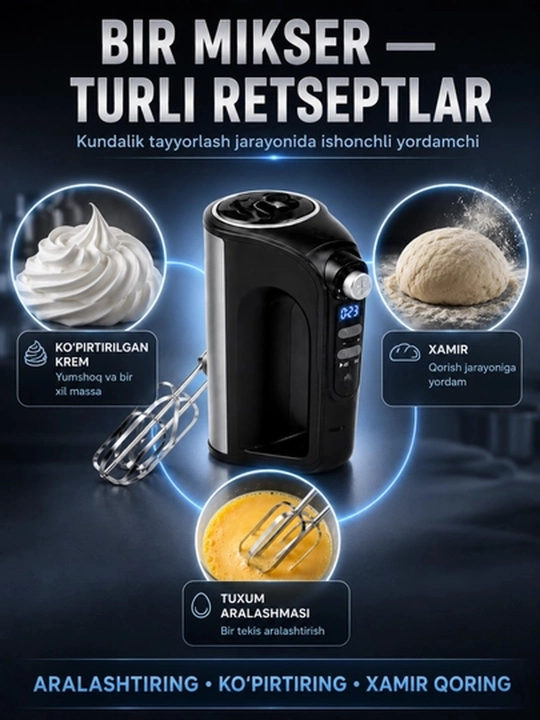 Mikser ORVICA, elektr qo‘l mikseri, 2 xil nasadkali, qora-kumush rang