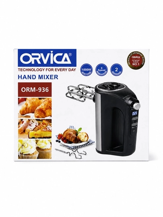 Mikser ORVICA, elektr qo‘l mikseri, 2 xil nasadkali, qora-kumush rang