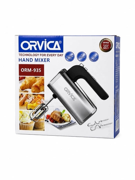 Mikser ORVICA, elektr qo‘l mikseri, 2 xil nasadkali, qora-kumush rang