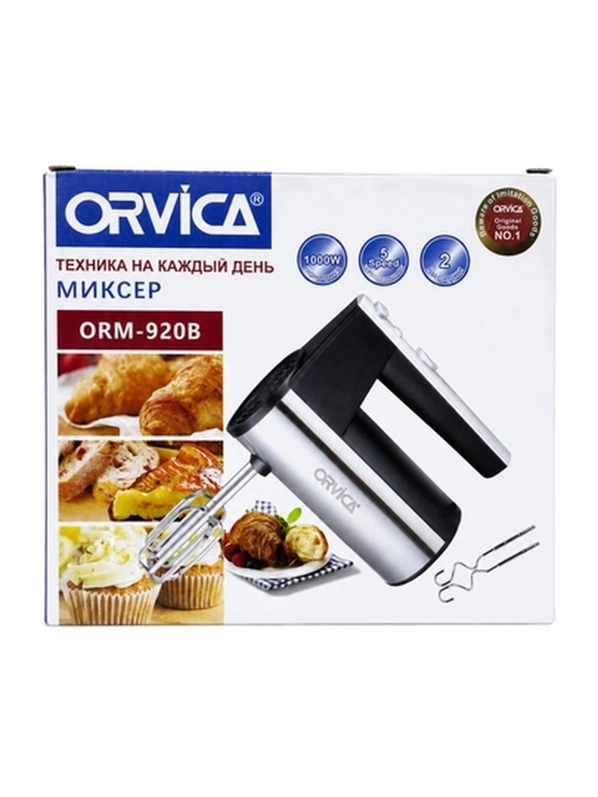 Mikser ORVICA, elektr qo‘l mikseri, 2 xil nasadkali, qora-kumush rang