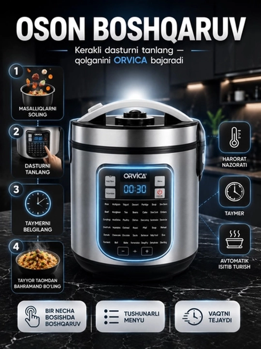 Мультиварка ORVICA ORM-6209, 1000 Вт, рисоварка, пароварка, rice cooker