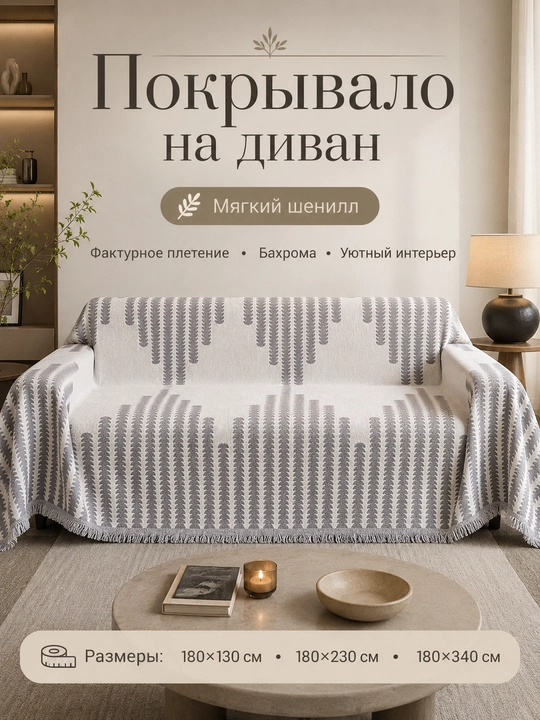 Покрывало декоративное на диван, серый с узором, 180×130, 180×230, 180×340 см - 
