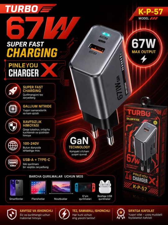 Устройство быстрой зарядки 67W, 120W Turbo с кабелем USB Type-C, для iPhone, Samsung Xiaomi - 