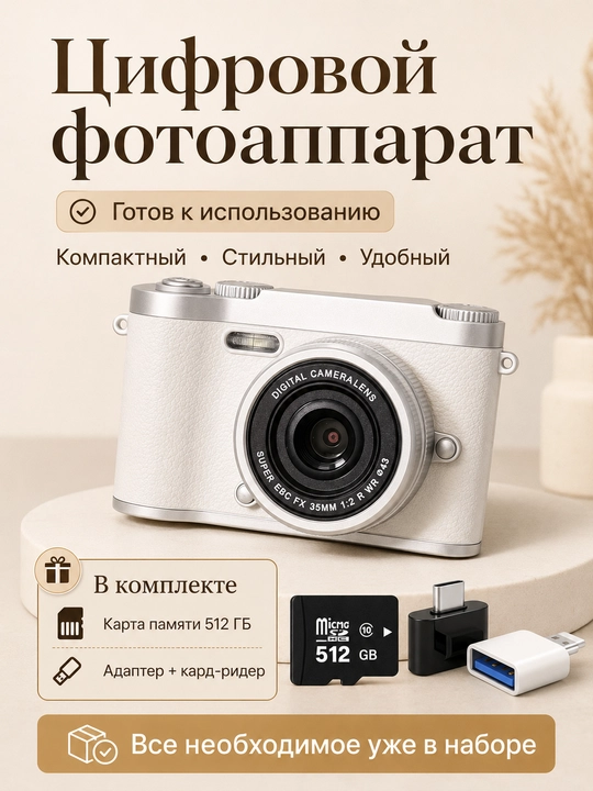 Цифровой фотоаппарат ретро, компактная камера, карта памяти 512 ГБ - 