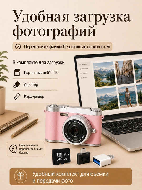 Raqamli retro fotoapparat, ixcham kamera, 512 GB xotira kartasi bilan