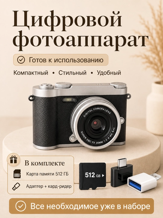 Raqamli retro fotoapparat, ixcham kamera, 512 GB xotira kartasi bilan - 