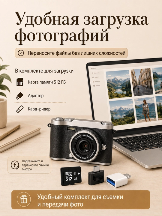 Raqamli retro fotoapparat, ixcham kamera, 512 GB xotira kartasi bilan