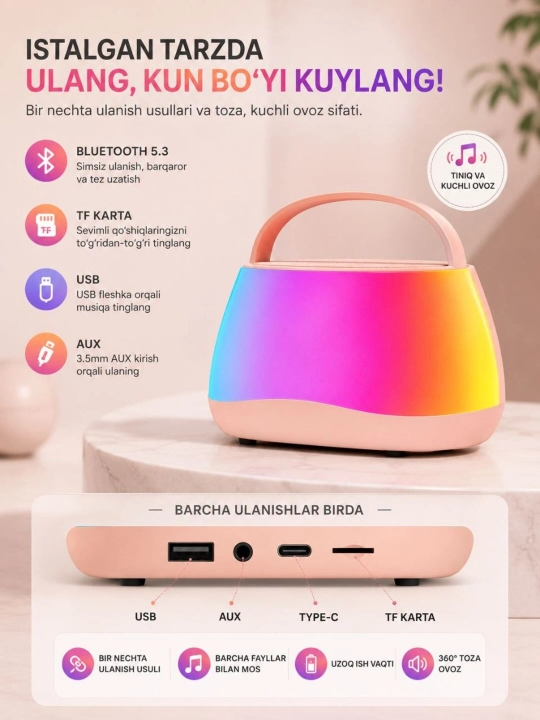 Karaoke Bluetooth kolonka 2 ta mikrofon, RGB yoritgich, ovoz effektlari va USB