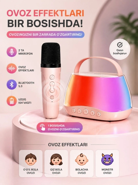 Karaoke Bluetooth kolonka 2 ta mikrofon, RGB yoritgich, ovoz effektlari va USB