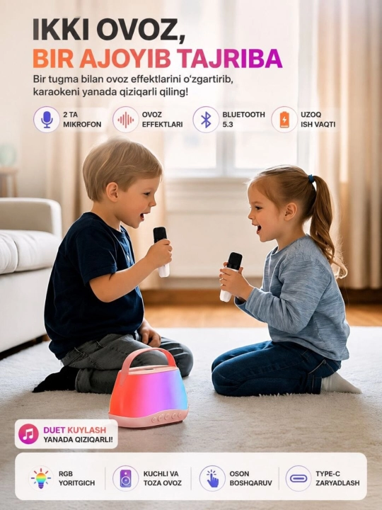 Karaoke Bluetooth kolonka 2 ta mikrofon, RGB yoritgich, ovoz effektlari va USB