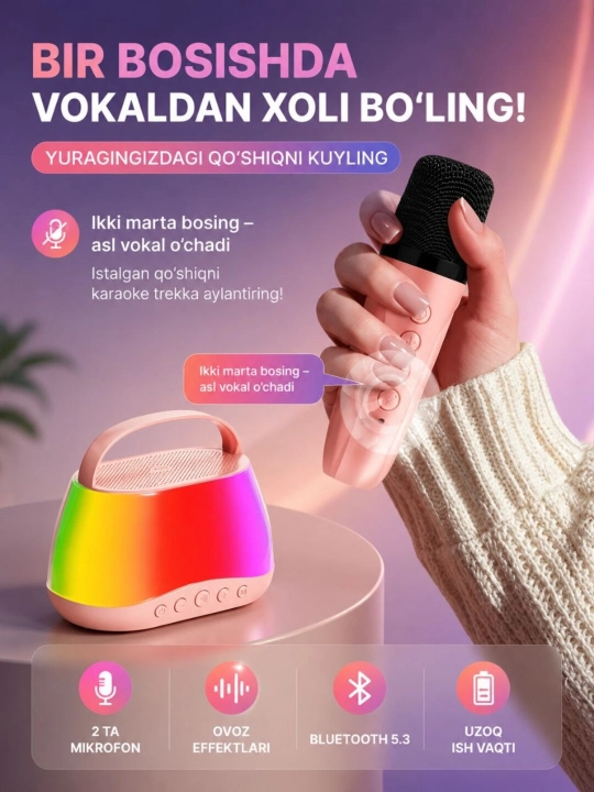 Karaoke Bluetooth kolonka 2 ta mikrofon, RGB yoritgich, ovoz effektlari va USB