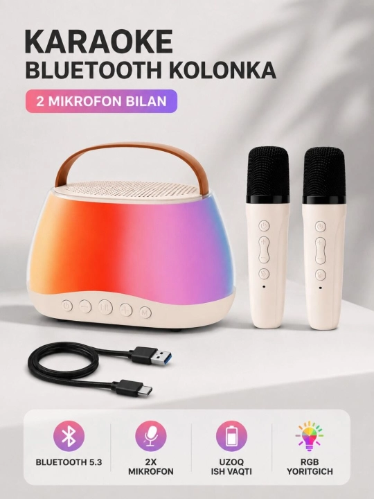 Караоке Bluetooth-колонка с 2 микрофонами, RGB-подсветкой и эффектами голоса - 