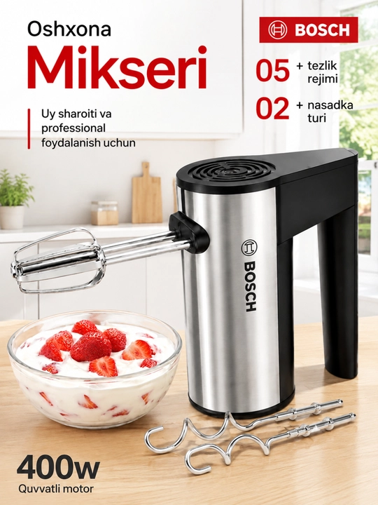 Qo‘l mikseri BOSCH 400W, 5 tezlik + turbo, 2 ta nasadkali kuchli mikser - 