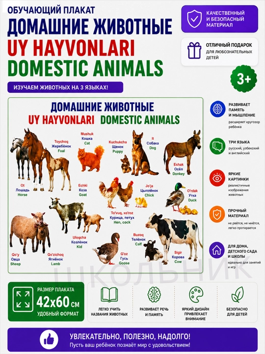 Bolalar uchun o‘quv plakat, rasmli alifbo, raqamlar, dunyo xaritasi, O‘zbekiston xaritasi - 