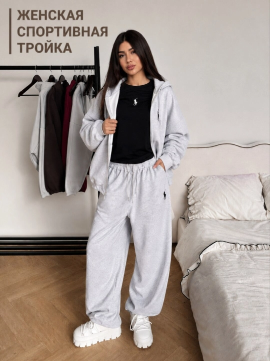 Ayollar sport kostyumi, 3 tasi 1 da, keng shim + futbolka + kapyushonli kurtka