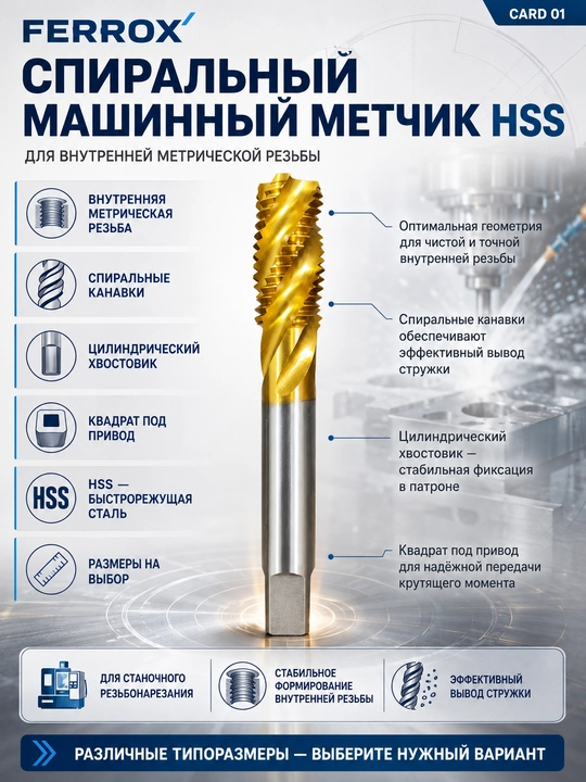 Ichki metrik rezba uchun HSS spiral mashina metchigi - 